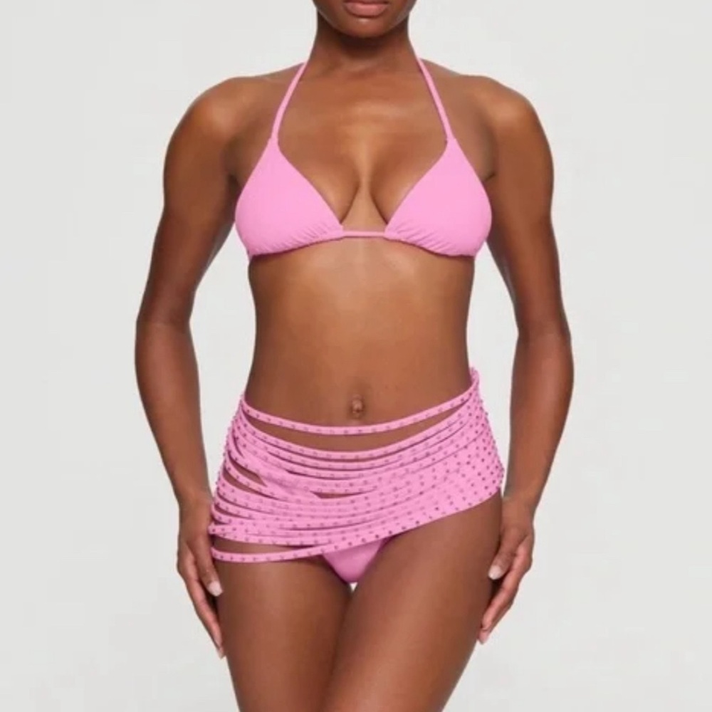 SKIMS Pink Rhinestone Strappy Taffy Pink Coverup SWIM SKIRT 4x NWT